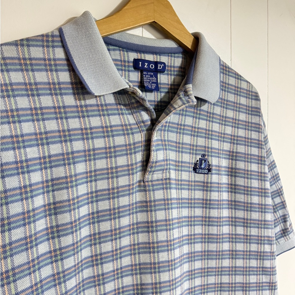 Izod Men’s Blue Plaid Polo Golf Shirt Vintage Collared Polo Shirt Pastel Colors